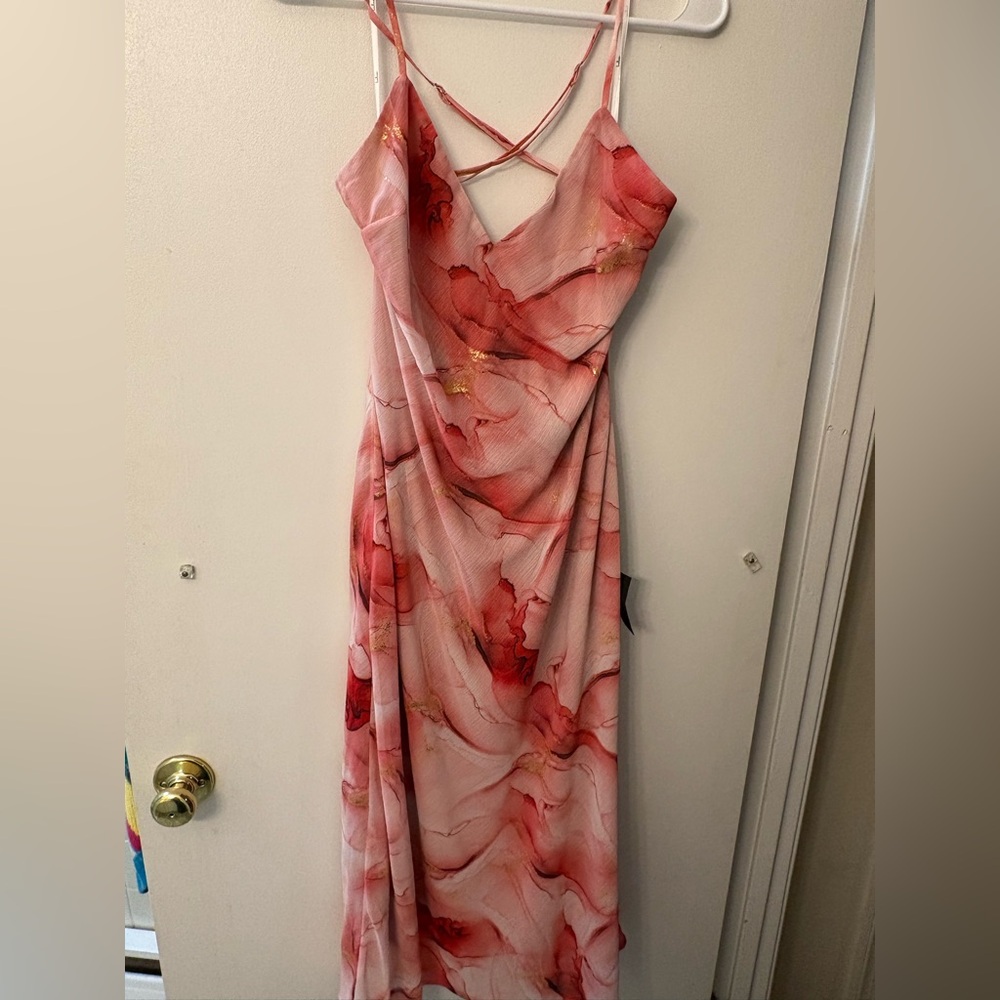 Lulus Bright Charm Pink Abstract Print Chiffon Slip Midi Dress